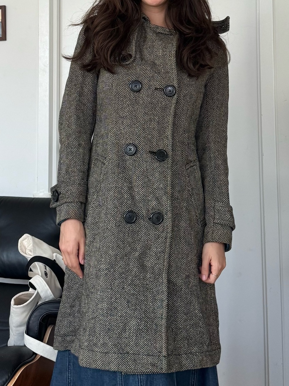 GAP Herringbone Double-Breasted Wool Coat in Brown/Gray